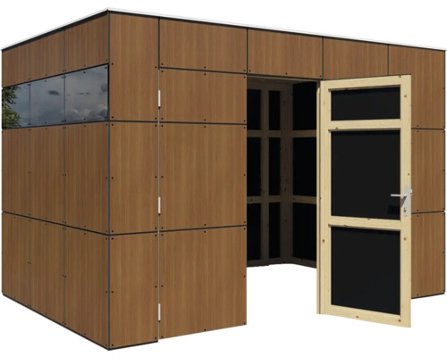 Zahradní domek s obkladem z dřevěných panelů a dveřmi