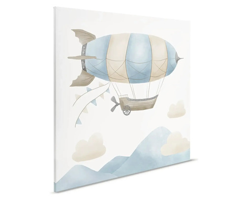 Ilustrace vzducholodi nad horami na plátně