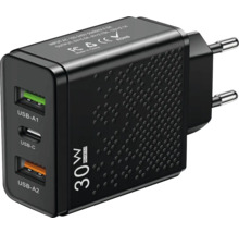 Černá 30wattová nabíječka s porty USB-A a USB-C