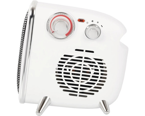 Bílý ohřívač s regulátorem teploty a stupni ventilátoru