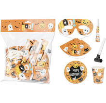 Halloweenská párty sada s talíři, kelímky, maskami, párty klobouky a trumpetami