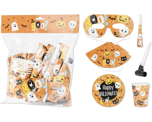 Párty set Halloween 36 ks Halloweenská párty sada s talíři, kelímky, maskami, párty klobouky a trumpetami