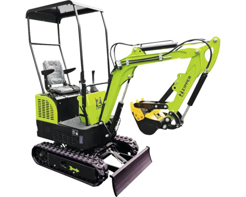 Minibagr s kabinou řidiče, pásovým podvozkem a lopatou