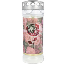 Hřbitovní svíčka s motivem růží a kovovým víkem