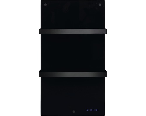 Černý ohřívač ručníků se dvěma držáky na ručníky