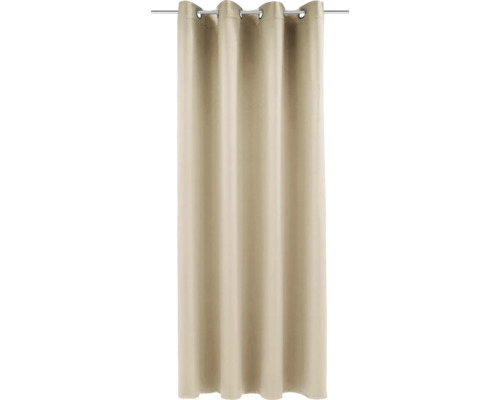 Béžový závěs s očky zavěšený na záclonové tyči