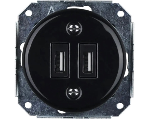 Porcelánová USB zásuvka Bohemia-Design K1-2USBAX-BL 2x USB-A černá (bez rámečku) Dvojitá USB zásuvka pro montáž na stěnu