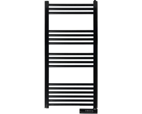 Černý radiátor na ručníky s horizontálními topnými tyčemi