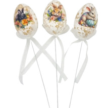 Tři dekorativní velikonoční vajíčka s motivy zajíčků, stuhy a stonky pro velikonoční dekorace