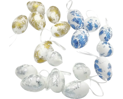 Dekorativní velikonoční vajíčka s různými vzory a stuhami k zavěšení