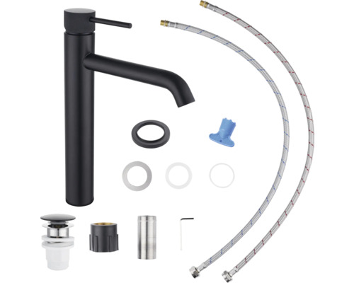 Černá umyvadlová baterie s příslušenstvím