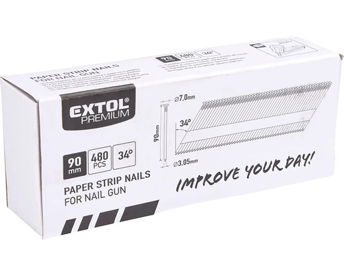 Hřebík nastřelovací EXTOL 90 mm Ø 3,05 mm, 480 ks, 8862605 Balení papírových proužků hřebíků Extol Premium 90 mm, 480 kusů, pro nastřelovací pistole