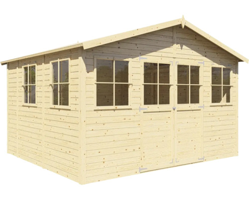 Dřevěný zahradní domek s okny a dvoukřídlými dveřmi