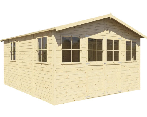 Dřevěný zahradní domek s okny a dvoukřídlými dveřmi