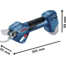 Akumulátorové nůžky na stromy Bosch Professional s rozměry 302 mm délka, 55 mm šířka a 99 mm výška.