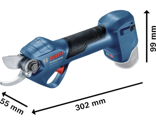 Akumulátorové nůžky na stromy Bosch Professional s rozměry 302 mm délka, 55 mm šířka a 99 mm výška.