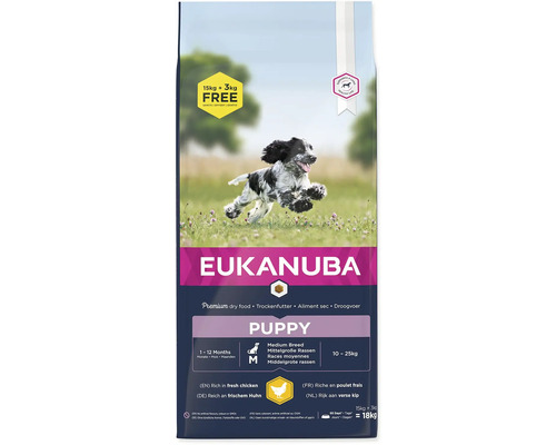 Krmivo pro psy Eukanuba Puppy Medium 15+3 kg zdarma Krmivo pro štěňata Eukanuba pro střední plemena, balení 15 kg plus 3 kg
