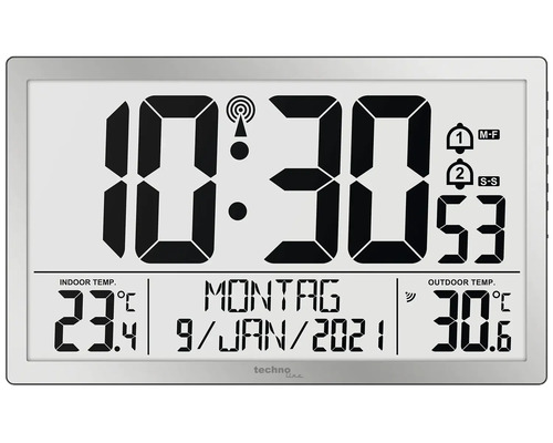 Rádiové nástěnné hodiny s ukazatelem vnitřní a venkovní teploty, data a času