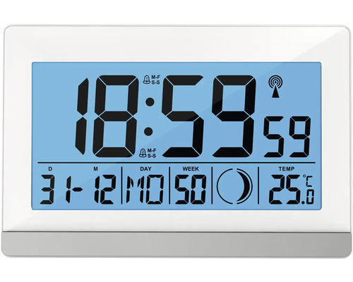 Digitální meteorologická stanice se zobrazením času, data, dne v týdnu a teploty