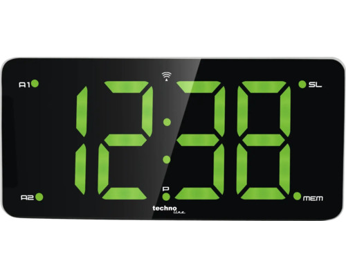 Digitální rádiem řízený budík s časem 12:38 a logem Techno Line