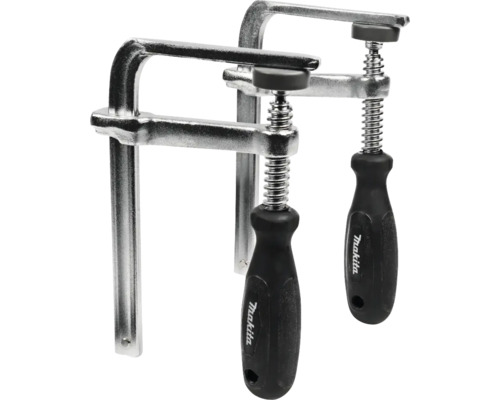 Dvě šroubové svěrky s černou rukojetí a závitovým vřetenem