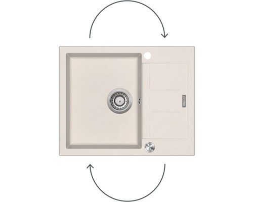 Dřez s odkapávací plochou a otočnými šipkami pro znázornění otočnosti