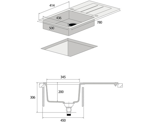Technický výkres kuchyňského dřezu s odkapávací plochou a rozměry