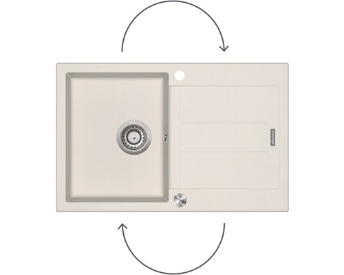 Béžový kuchyňský dřez s odkapávací plochou a otočnými šipkami