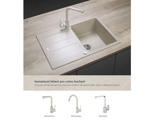 Granitový dřez s odkapávací plochou a baterií na pracovní desce