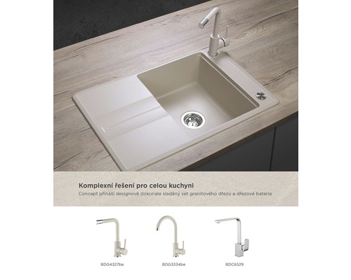 Granitový dřez s odkapávací plochou a baterií na pracovní desce