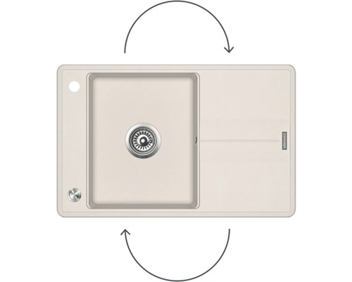 Dřez s odkapávací plochou a otočnými šipkami označujícími orientaci