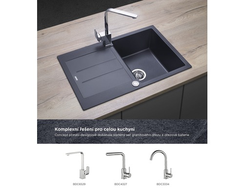 Žulový dřez s odkapávací plochou a baterií na kuchyňské lince