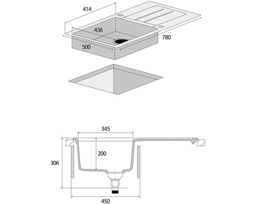 Technický nákres dřezu s odkapávací plochou a rozměry