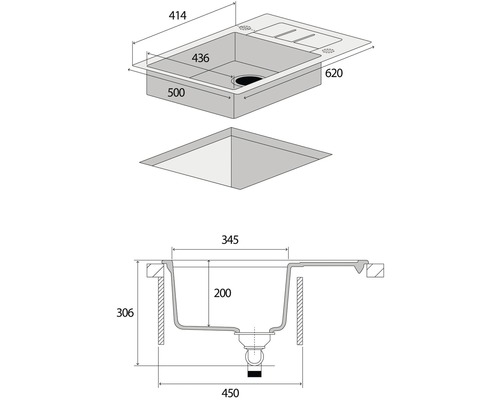 Technický výkres kuchyňského dřezu s rozměry
