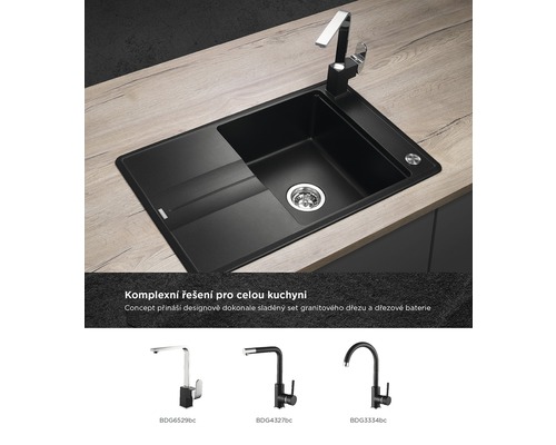 Černý granitový dřez s odkapávací plochou a baterií na pracovní desce