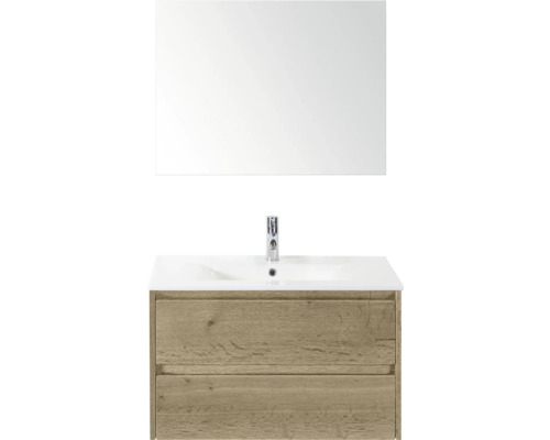 Umyvadlová sestava se zrcadlem, umyvadlem, baterií a dřevěnou spodní skříňkou