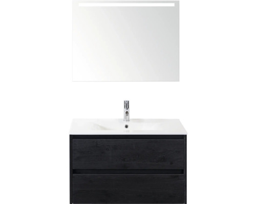 Umyvadlo se skříňkou a zrcadlem s osvětlením do koupelny