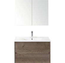 Umyvadlová skříňka se zrcadlem, vzhled dřeva a dvě zásuvky