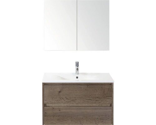 Umyvadlová skříňka se zrcadlem, vzhled dřeva a dvě zásuvky