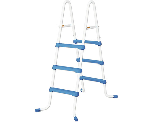 Bazénový žebřík s modrým rámem a příčkami.