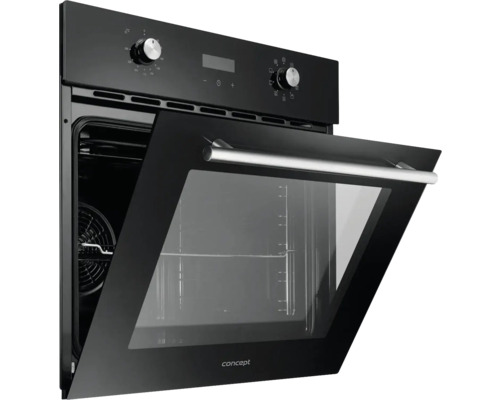 Černá vestavná trouba s otevřenými dvířky