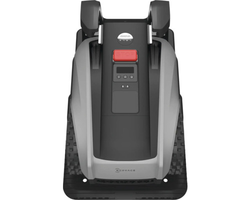 Pohled shora na šedou robotickou sekačku s tlačítkem stop