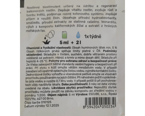 Rostlinný biostimulant ESCUBE HOME Balkonovky 5 ml Informace o rostlinném biostimulantu pro balkónové rostliny