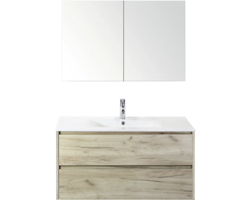 Umyvadlo s umyvadlovou skříňkou, zrcadlem a baterií