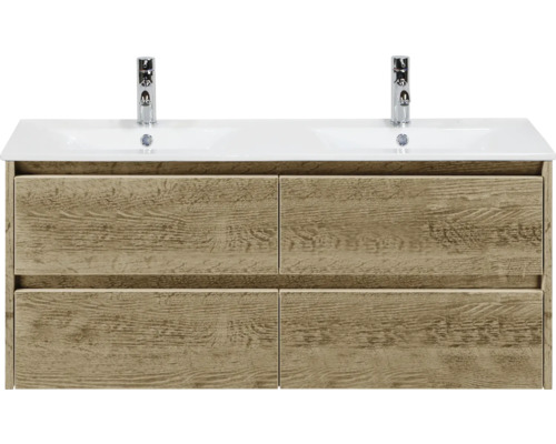 Koupelnová skříňka s umyvadlem Sanox Dante 121 cm dub přírodní Skříňka pod umyvadlo se dvěma umyvadly a čtyřmi zásuvkami