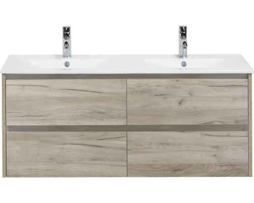 Skříňka pod umyvadlo se dvěma umyvadly a čtyřmi zásuvkami