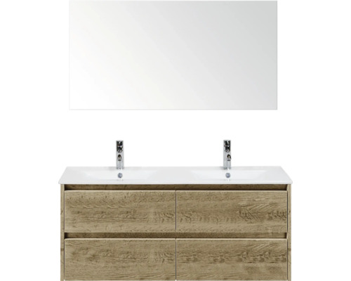 Kombinace umyvadla se dvěma umyvadly, spodní skříňkou se čtyřmi zásuvkami a zrcadlem