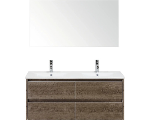 Skříňka pod umyvadlo se zrcadlem, dvojité umyvadlo, vzhled dřeva a zásuvky do koupelny