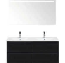 Umyvadlo se skříňkou, dvojité umyvadlo, baterie a osvětlené zrcadlo do koupelny.