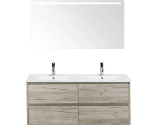 Dvojité umyvadlo se zrcadlem a spodní skříňkou v koupelně